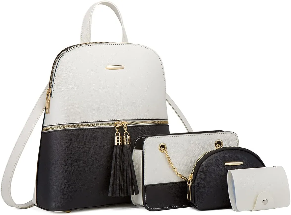 Chikencall Women Backpack Handbags 4 Pcs Set Convertible Shoulder Purses Casual Leather Rucksack Daypack Wallet Chain Satchels Card Holder Beige