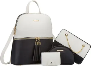 Chikencall Women Backpack Handbags 4 Pcs Set Convertible Shoulder Purses Casual Leather Rucksack Daypack Wallet Chain Satchels Card Holder Beige
