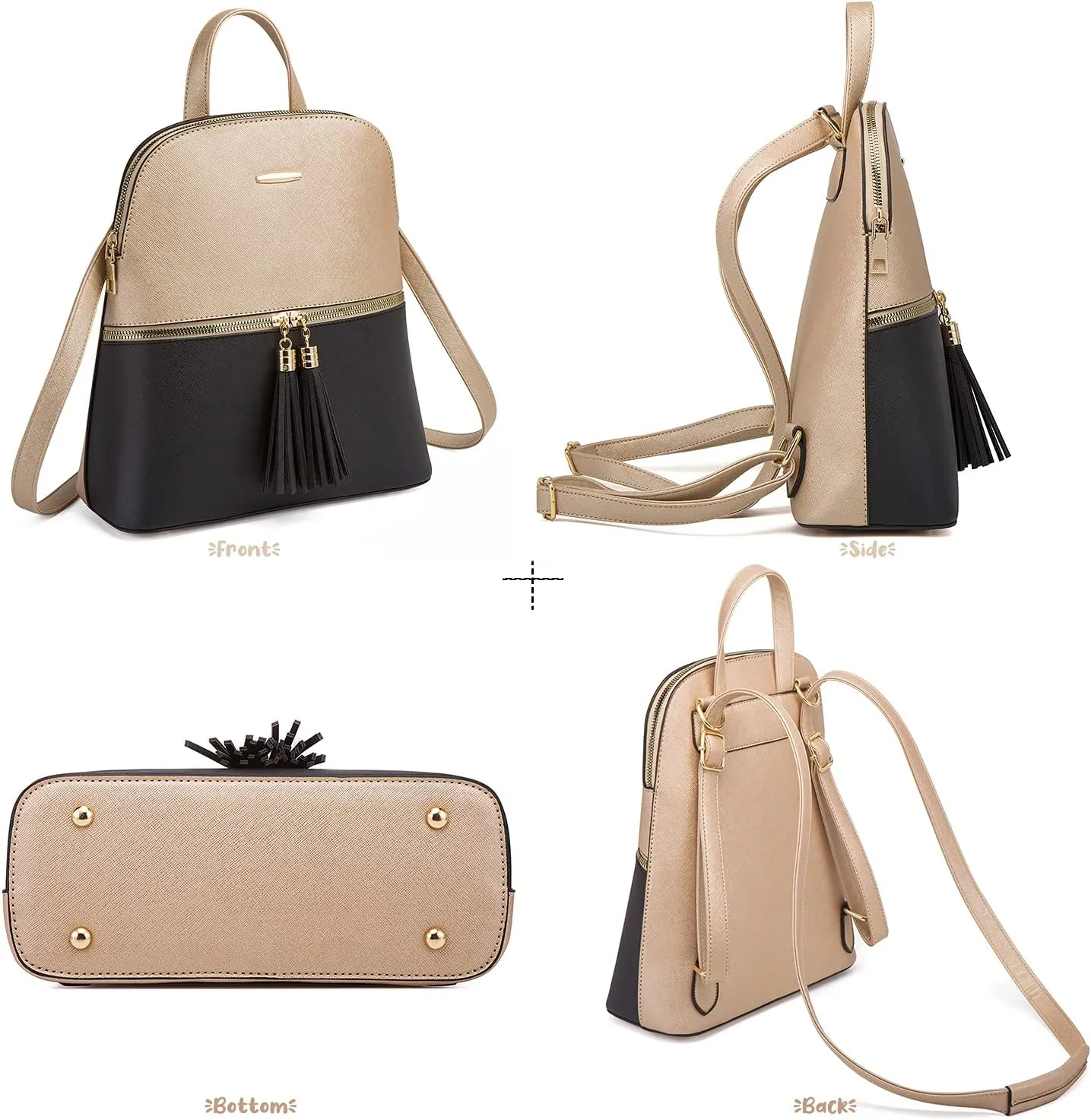 Chikencall Women Backpack Handbags 4 Pcs Set Convertible Shoulder Purses Casual Leather Rucksack Daypack Wallet Chain Satchels Card Holder Gold