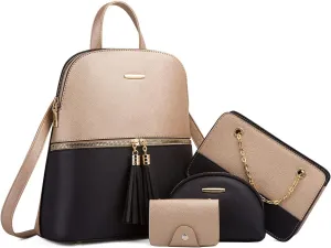 Chikencall Women Backpack Handbags 4 Pcs Set Convertible Shoulder Purses Casual Leather Rucksack Daypack Wallet Chain Satchels Card Holder Gold