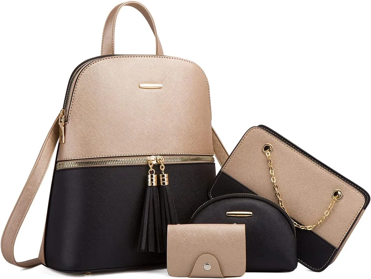 Chikencall Women Backpack Handbags 4 Pcs Set Convertible Shoulder Purses Casual Leather Rucksack Daypack Wallet Chain Satchels Card Holder Gold
