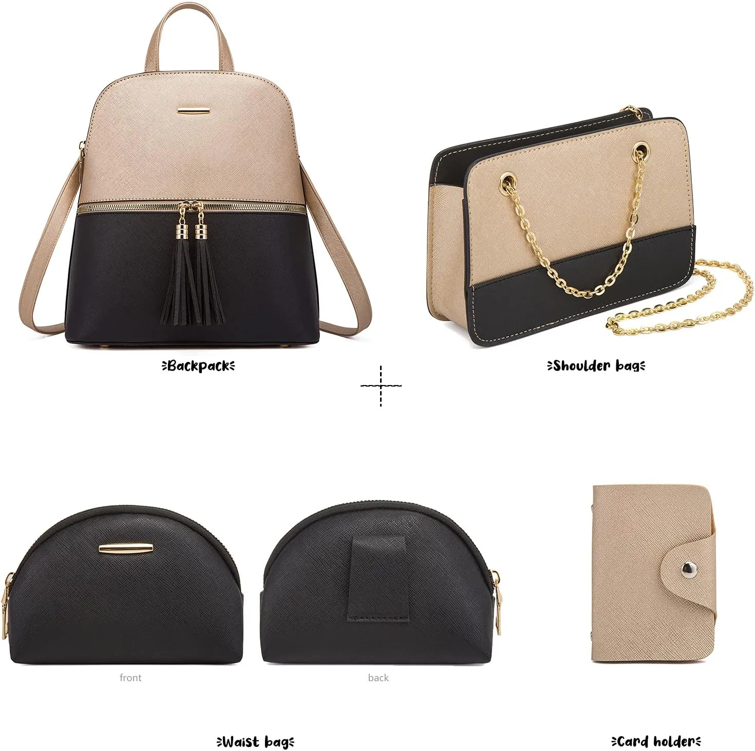 Chikencall Women Backpack Handbags 4 Pcs Set Convertible Shoulder Purses Casual Leather Rucksack Daypack Wallet Chain Satchels Card Holder Gold