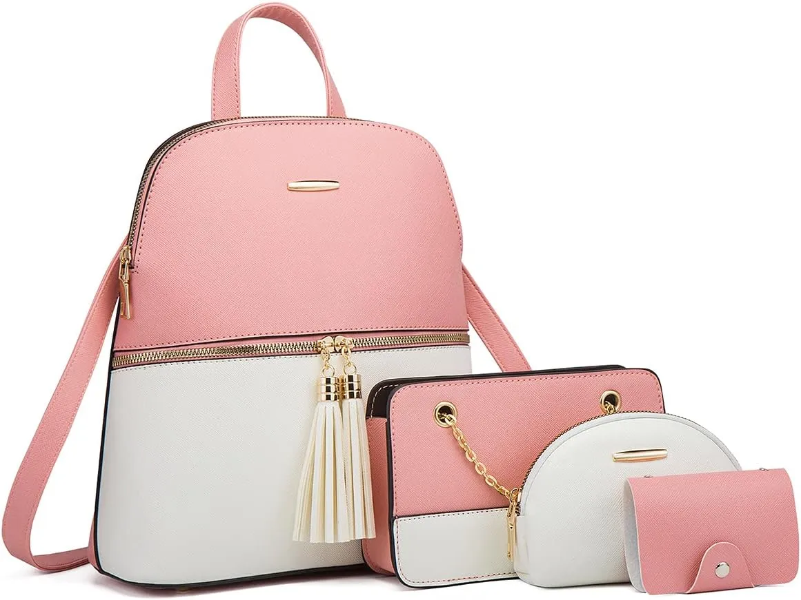 Chikencall Women Backpack Handbags 4 Pcs Set Convertible Shoulder Purses Casual Leather Rucksack Daypack Wallet Chain Satchels Card Holder Pink