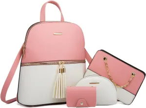 Chikencall Women Backpack Handbags 4 Pcs Set Convertible Shoulder Purses Casual Leather Rucksack Daypack Wallet Chain Satchels Card Holder Pink
