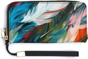 Colorful Feather Pattern Wallet Leather Zipper Around Clutch Wallet Large Capacity Purse with Wristlet Strap