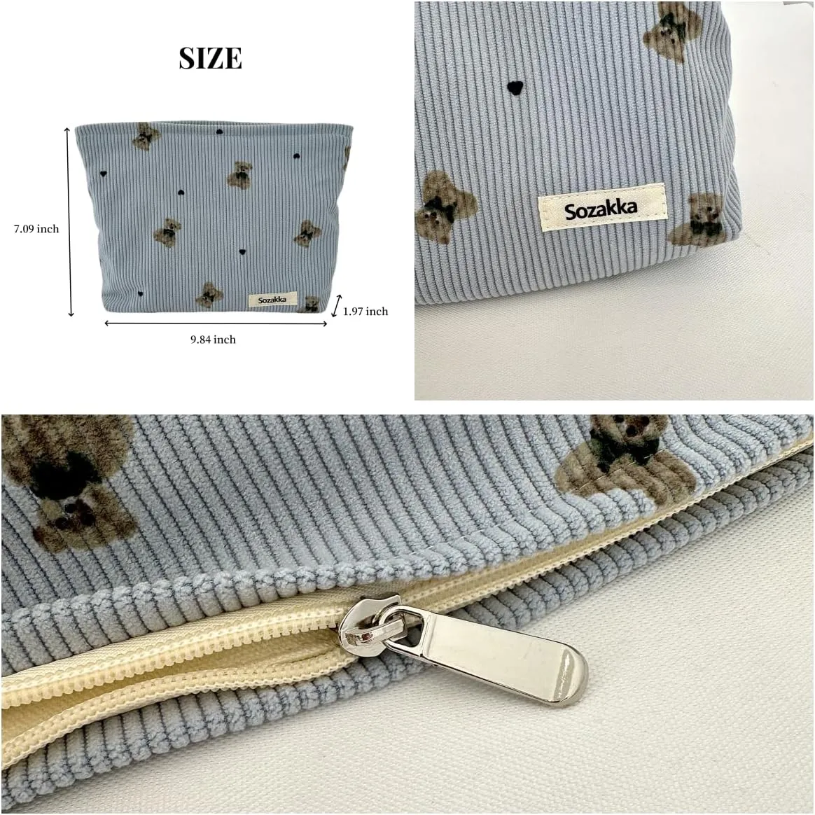 Corduroy Cosmetic Bag Large Women Handbags Purses Zipper Little Bears Makeup Organizer Storage Makeup Bag Girls Case Bags (Blue)