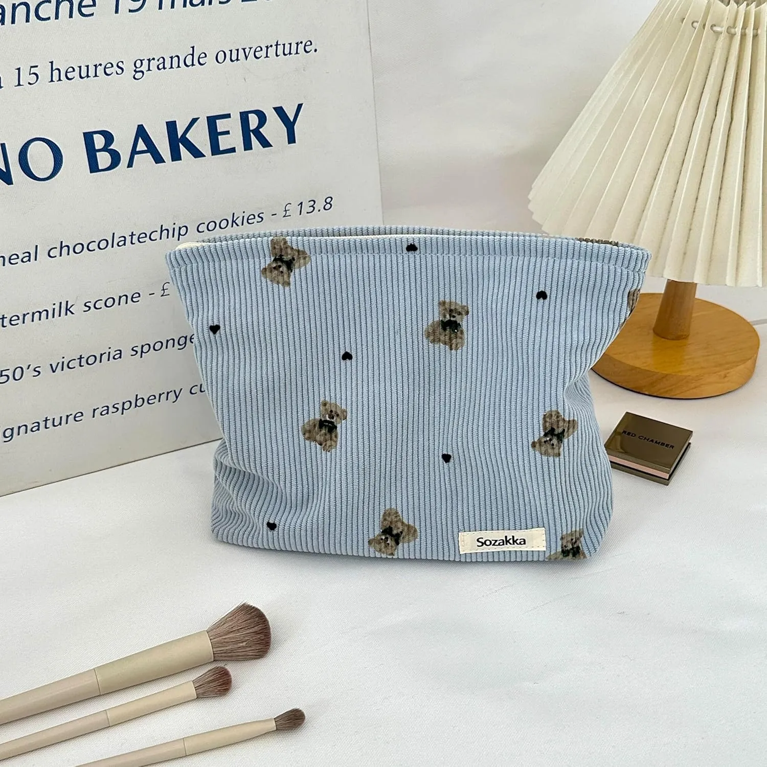 Corduroy Cosmetic Bag Large Women Handbags Purses Zipper Little Bears Makeup Organizer Storage Makeup Bag Girls Case Bags (Blue)
