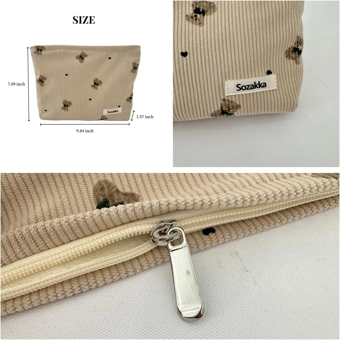 Corduroy Cosmetic Bag Large Women Handbags Purses Zipper Little Bears Makeup Organizer Storage Makeup Bag Girls Case Bags (Khaki)