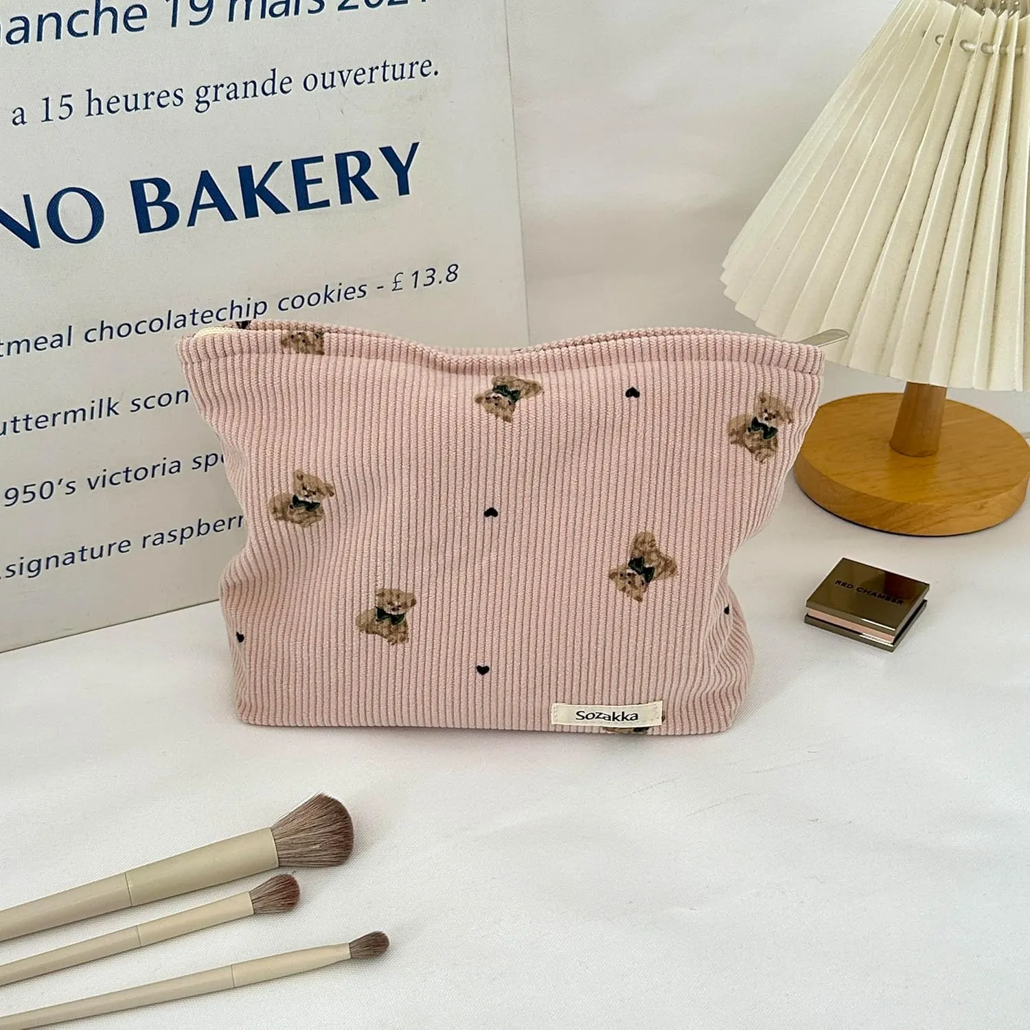Corduroy Cosmetic Bag Large Women Handbags Purses Zipper Little Bears Makeup Organizer Storage Makeup Bag Girls Case Bags (Pink)