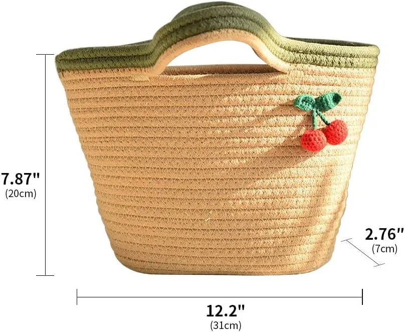 Cotton Bucket Bags For Women Travel Beach Totes Bag Cherry Woven Summer Tote Handmade Straw Beach Hobo Tote Handbag