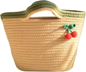 Cotton Bucket Bags For Women Travel Beach Totes Bag Cherry Woven Summer Tote Handmade Straw Beach Hobo Tote Handbag
