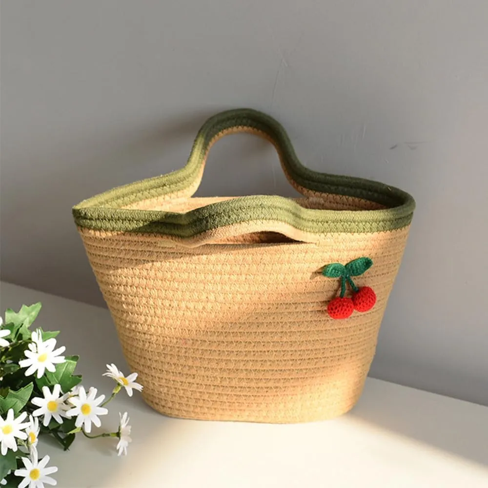 Cotton Bucket Bags For Women Travel Beach Totes Bag Cherry Woven Summer Tote Handmade Straw Beach Hobo Tote Handbag