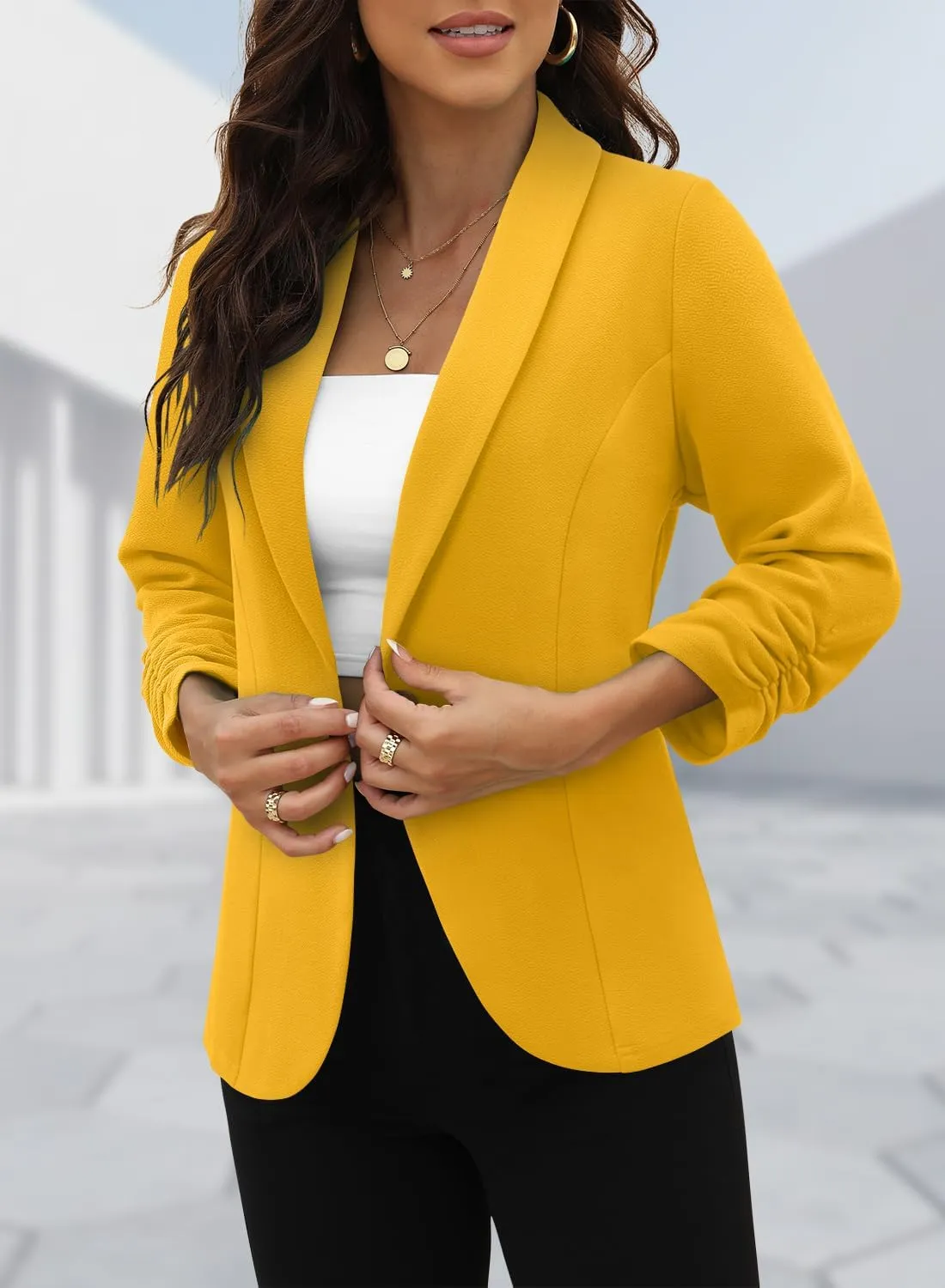 CRAZY GRID Women 3/4 Sleeve Business Casual Blazer Lightweight Fashion Open Front Stretch Suit Jacket