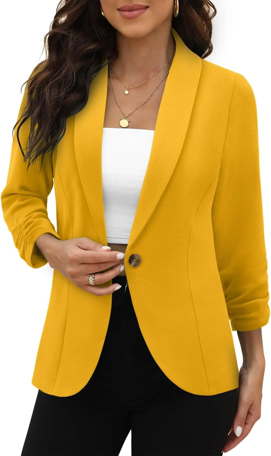 CRAZY GRID Women 3/4 Sleeve Business Casual Blazer Lightweight Fashion Open Front Stretch Suit Jacket