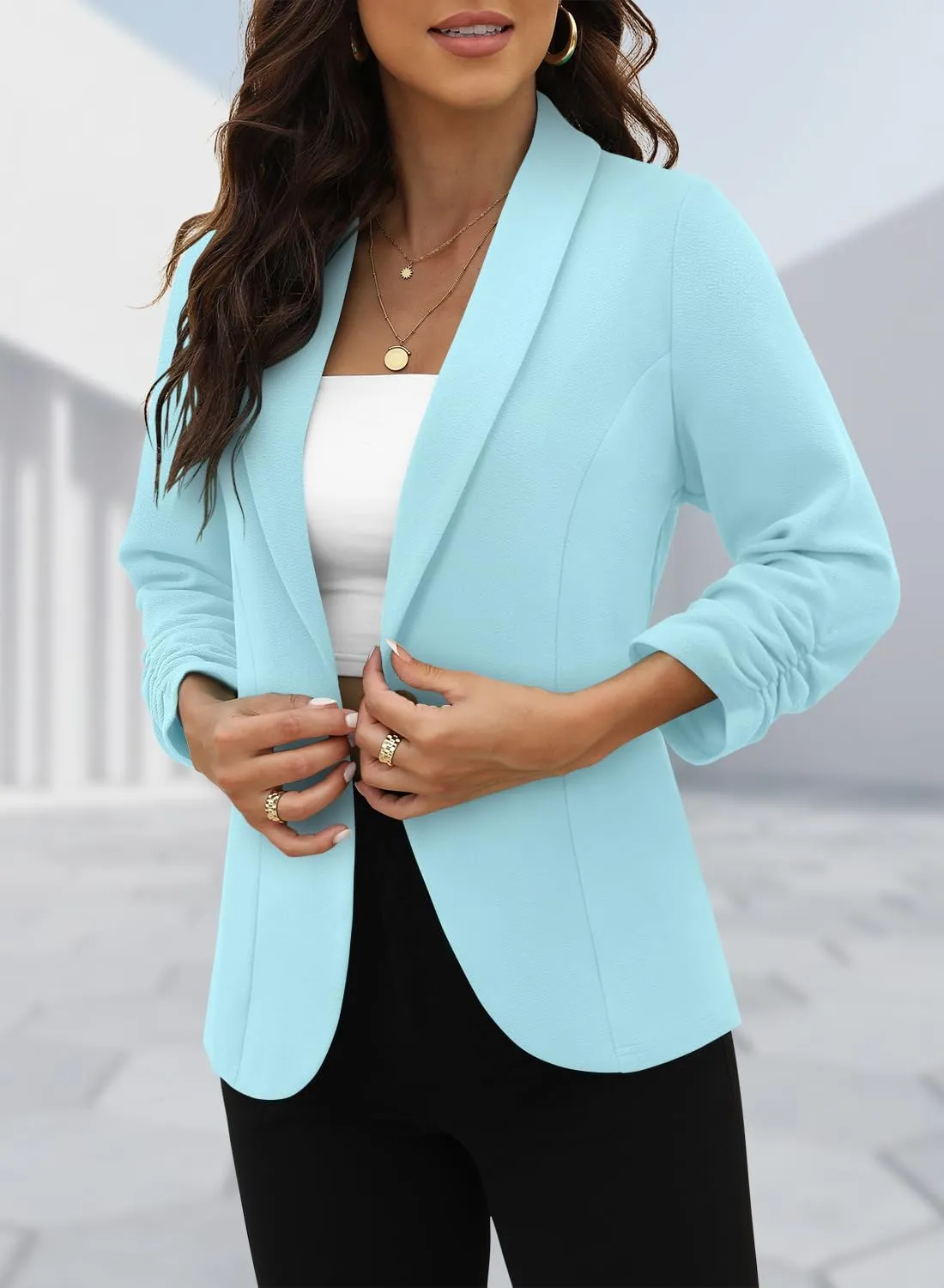CRAZY GRID Women 3/4 Sleeve Business Casual Blazer Lightweight Fashion Open Front Stretch Suit Jacket