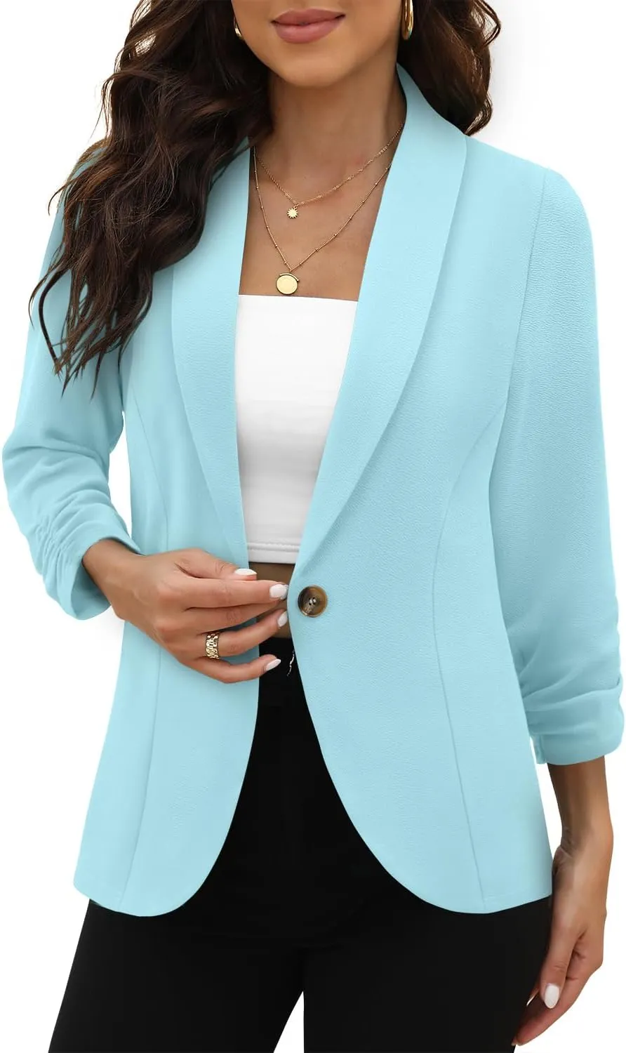 CRAZY GRID Women 3/4 Sleeve Business Casual Blazer Lightweight Fashion Open Front Stretch Suit Jacket