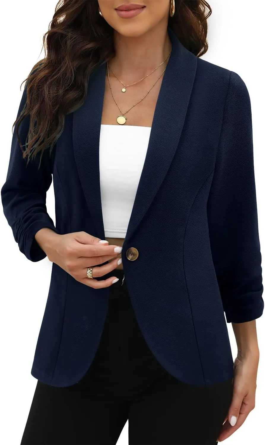CRAZY GRID Women 3/4 Sleeve Business Casual Blazer Lightweight Fashion Open Front Stretch Suit Jacket