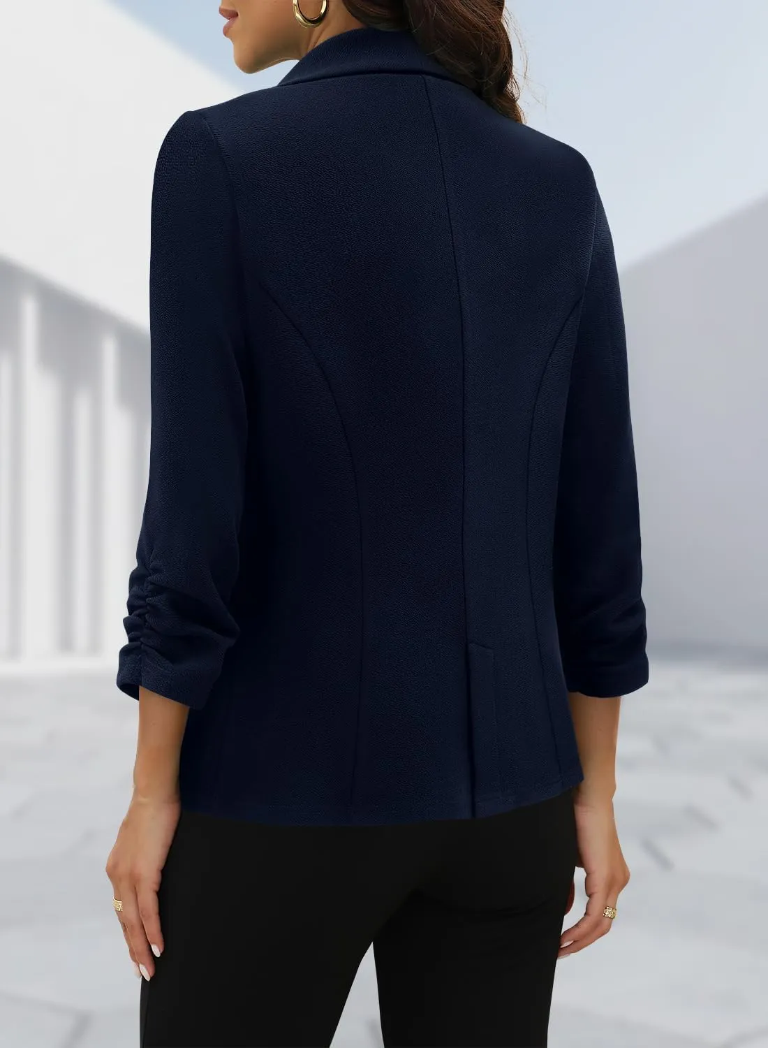 CRAZY GRID Women 3/4 Sleeve Business Casual Blazer Lightweight Fashion Open Front Stretch Suit Jacket