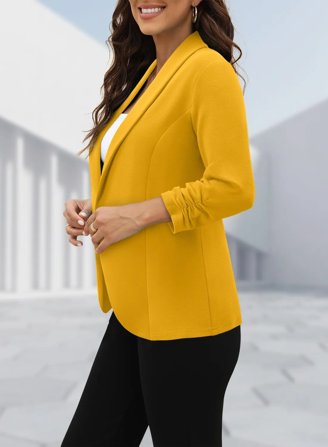 CRAZY GRID Women 3/4 Sleeve Business Casual Blazer Lightweight Fashion Open Front Stretch Suit Jacket