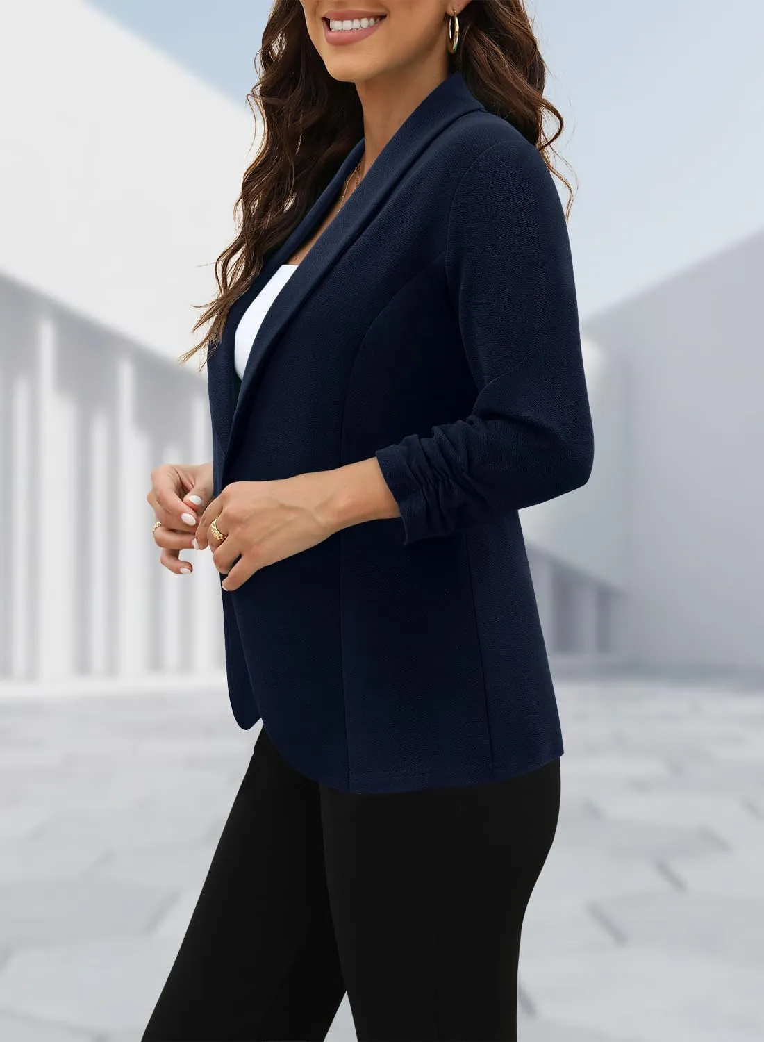 CRAZY GRID Women 3/4 Sleeve Business Casual Blazer Lightweight Fashion Open Front Stretch Suit Jacket