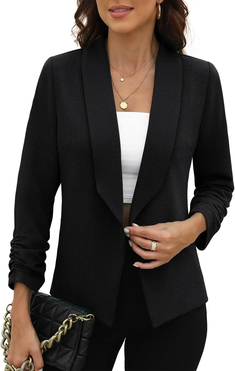 CRAZY GRID Women 3/4 Sleeve Business Casual Blazer Lightweight Fashion Open Front Stretch Suit Jacket