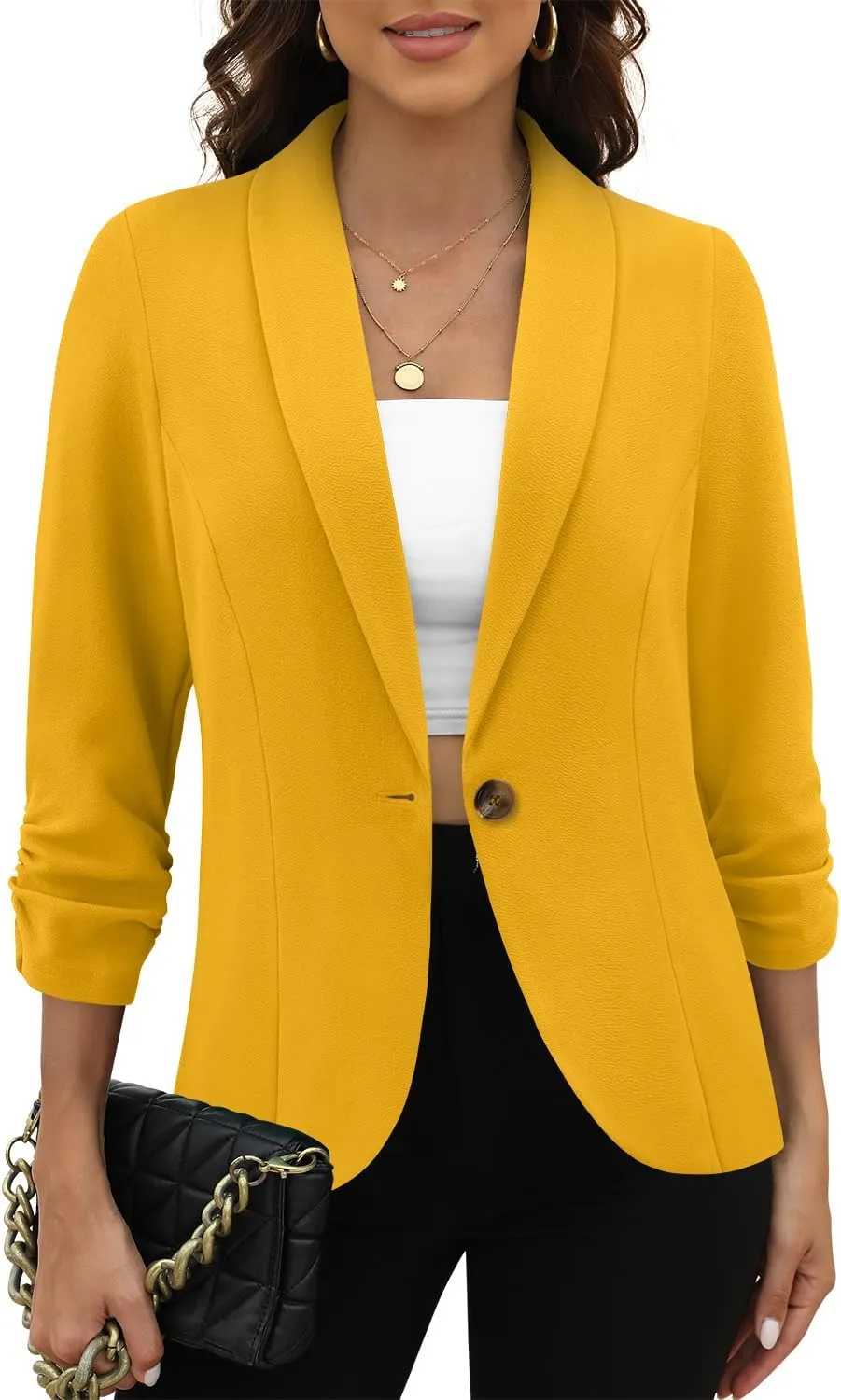 CRAZY GRID Women 3/4 Sleeve Business Casual Blazer Lightweight Fashion Open Front Stretch Suit Jacket