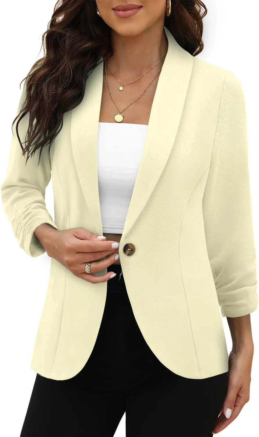 CRAZY GRID Women 3/4 Sleeve Business Casual Blazer Lightweight Fashion Open Front Stretch Suit Jacket
