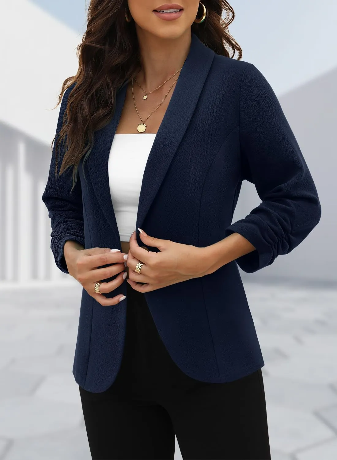 CRAZY GRID Women 3/4 Sleeve Business Casual Blazer Lightweight Fashion Open Front Stretch Suit Jacket