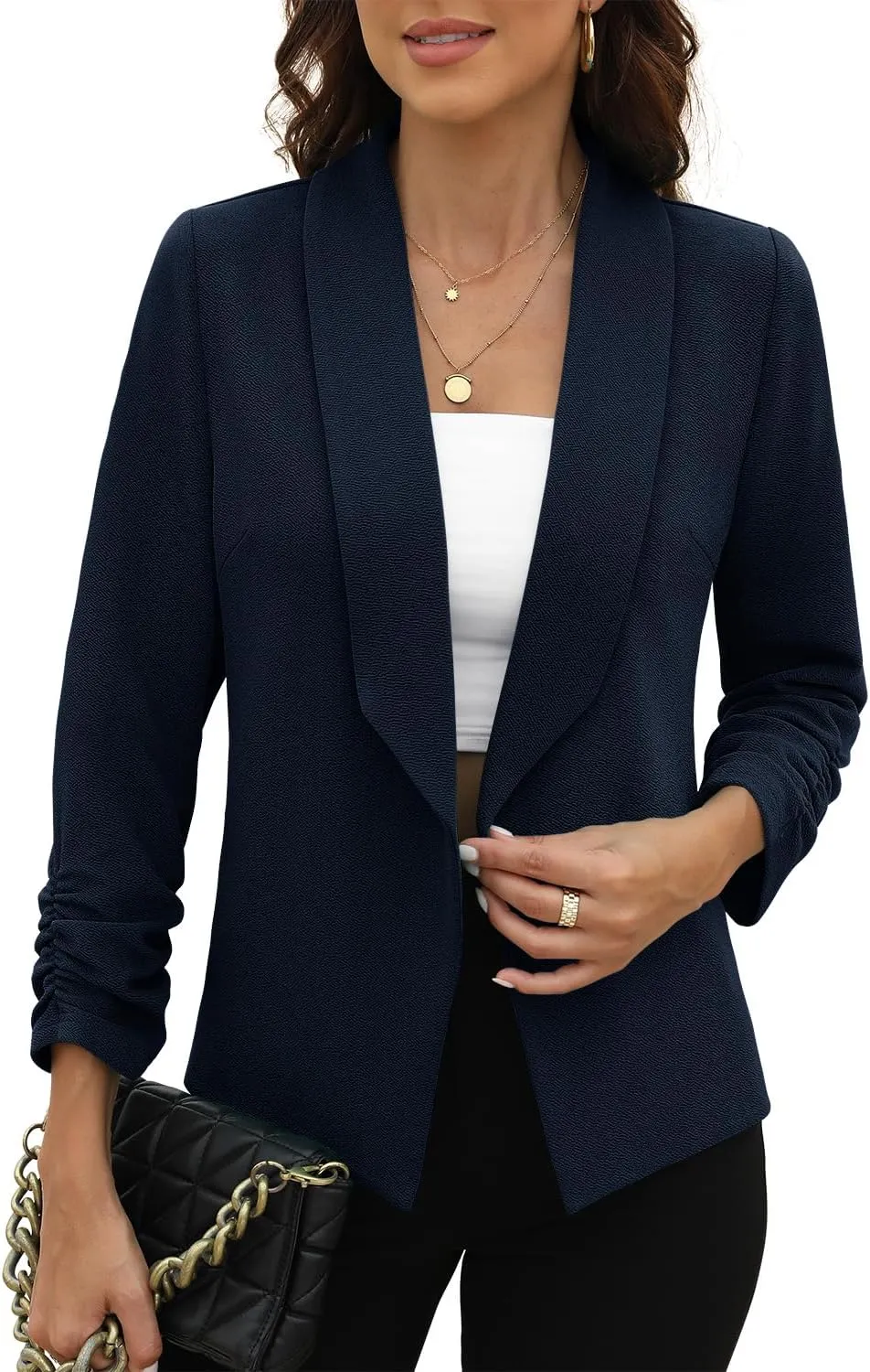 CRAZY GRID Women 3/4 Sleeve Business Casual Blazer Lightweight Fashion Open Front Stretch Suit Jacket