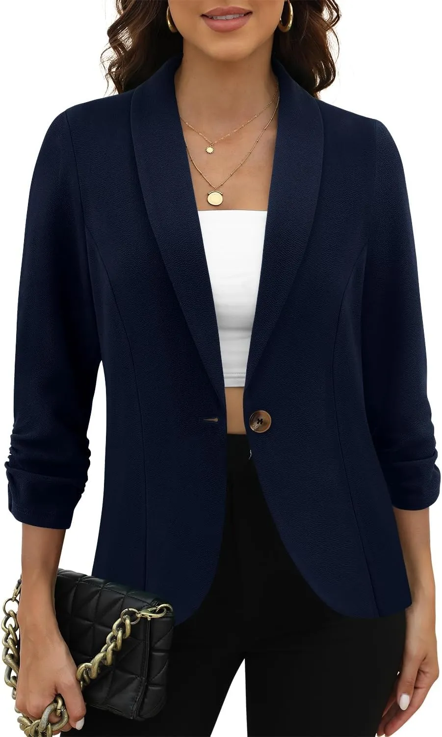CRAZY GRID Women 3/4 Sleeve Business Casual Blazer Lightweight Fashion Open Front Stretch Suit Jacket