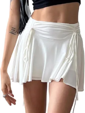 Cresay Women's Drawstring Pleated Skater Skirt Skort Ruffles Flared Mini Lingerie Skirts