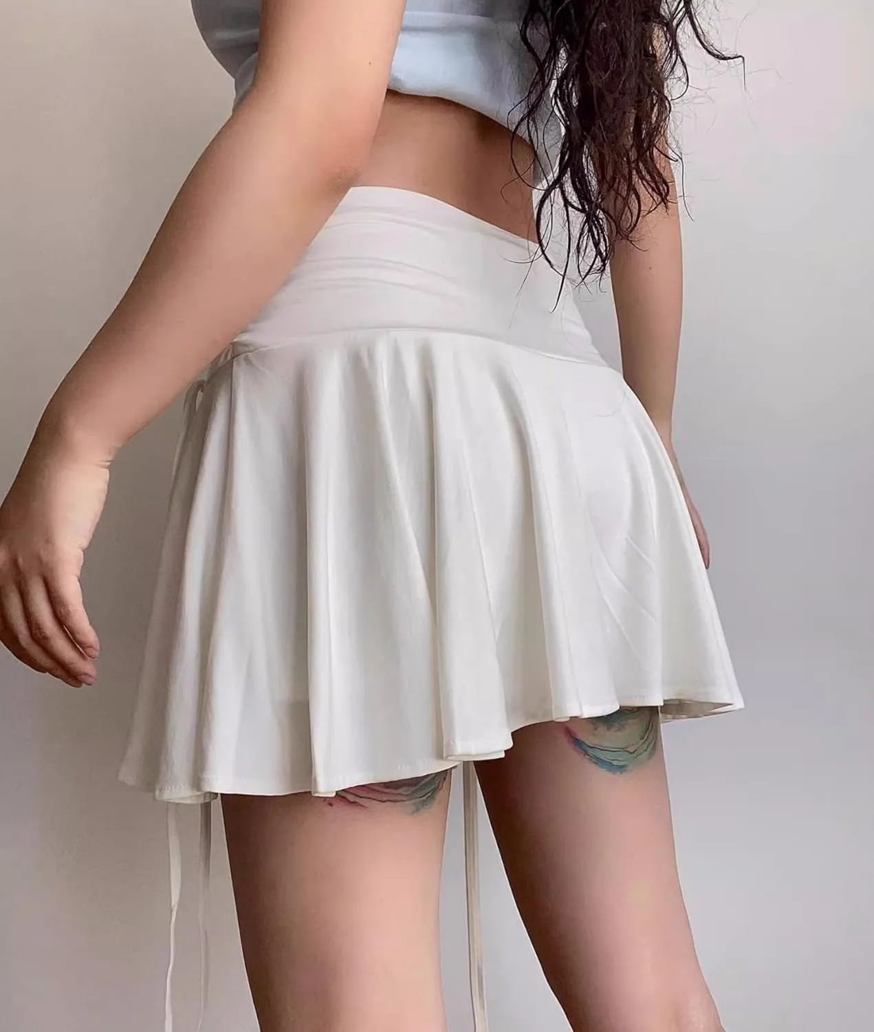 Cresay Women's Drawstring Pleated Skater Skirt Skort Ruffles Flared Mini Lingerie Skirts