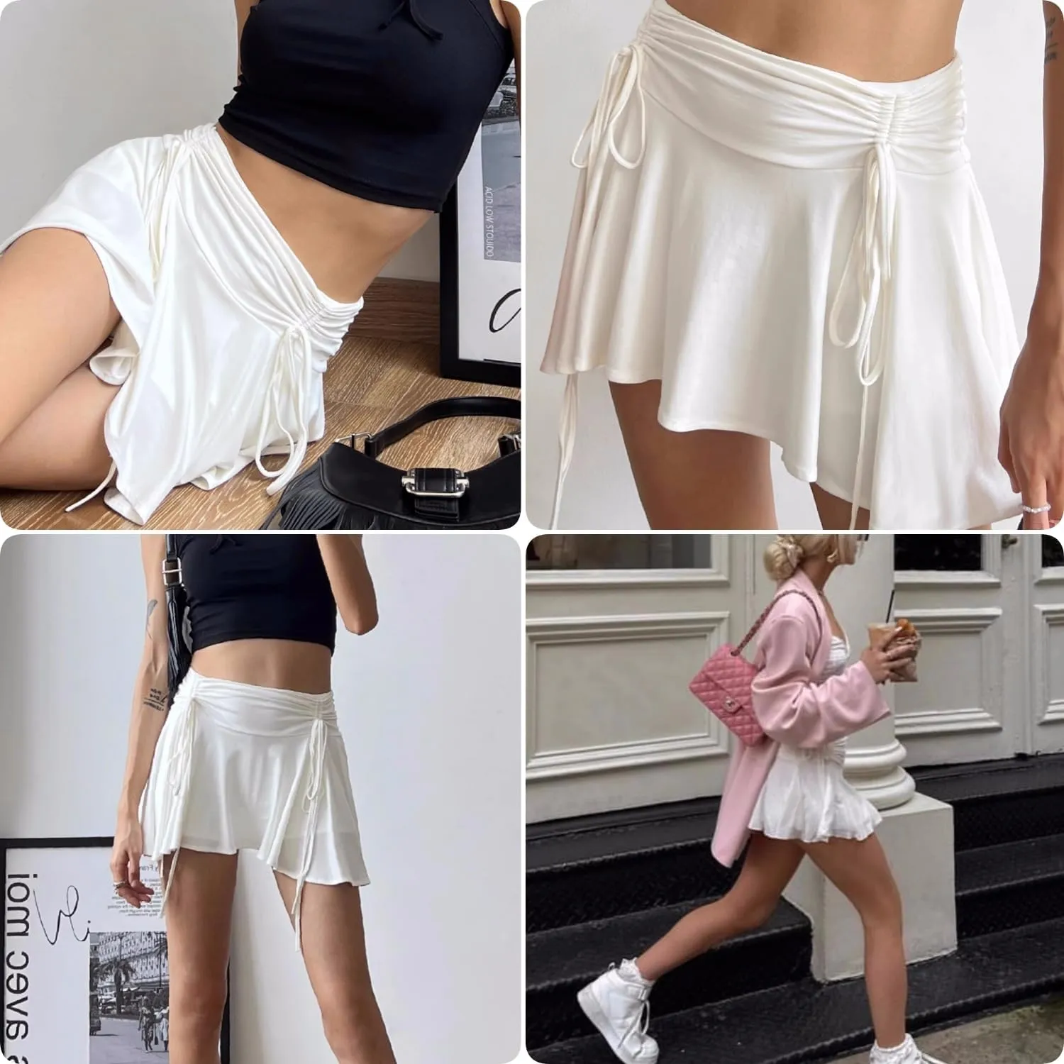 Cresay Women's Drawstring Pleated Skater Skirt Skort Ruffles Flared Mini Lingerie Skirts