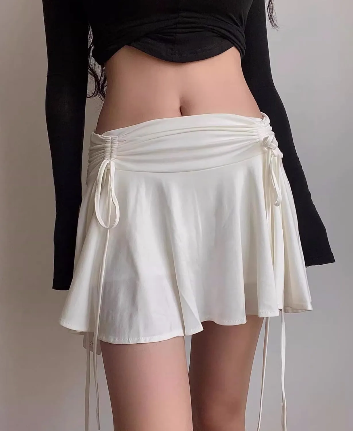 Cresay Women's Drawstring Pleated Skater Skirt Skort Ruffles Flared Mini Lingerie Skirts