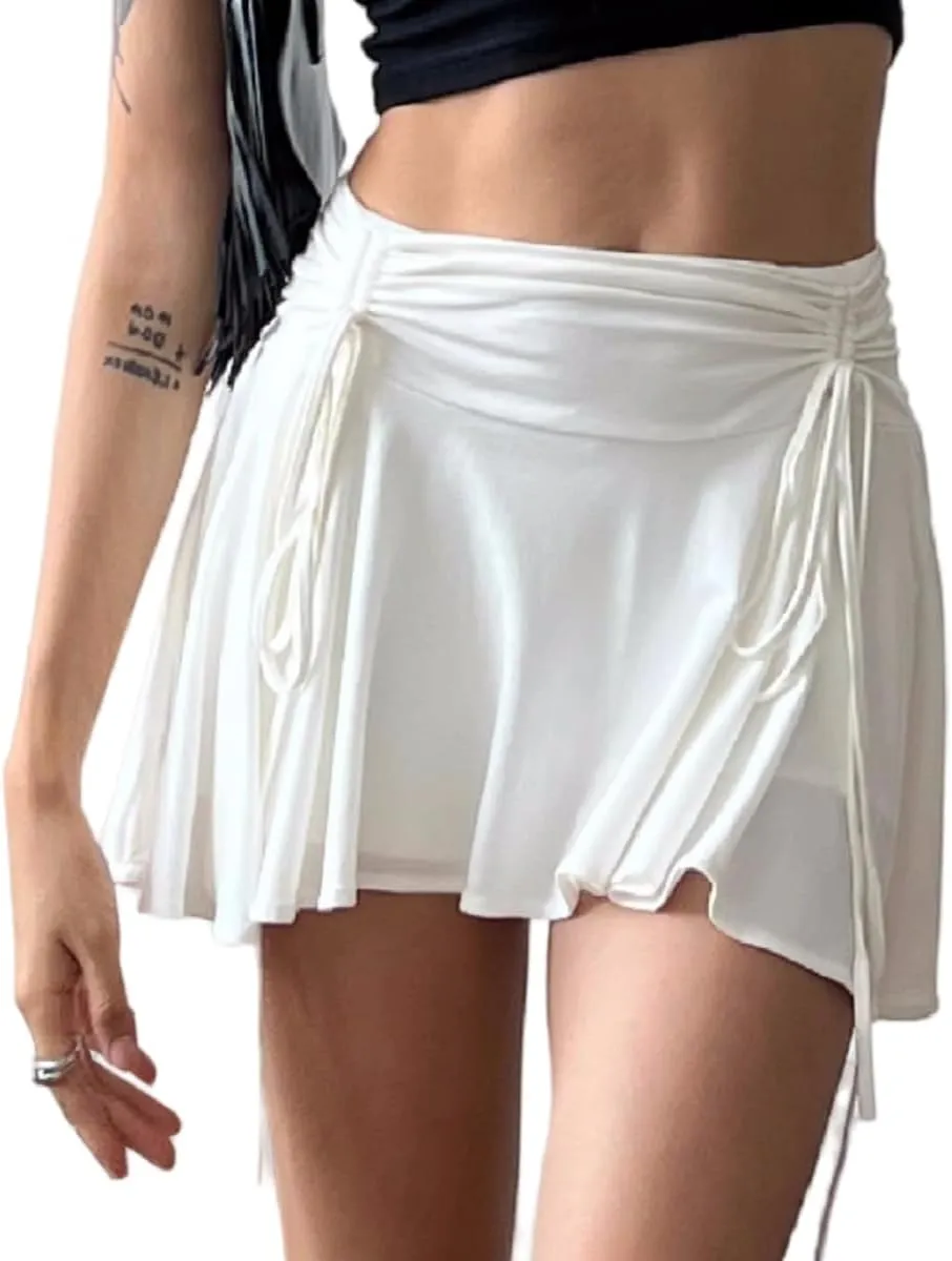 Cresay Women's Drawstring Pleated Skater Skirt Skort Ruffles Flared Mini Lingerie Skirts