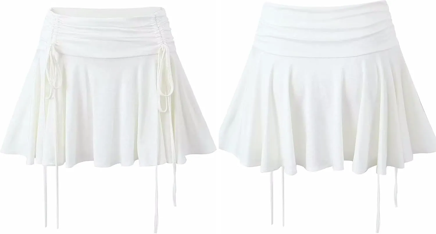 Cresay Women's Drawstring Pleated Skater Skirt Skort Ruffles Flared Mini Lingerie Skirts