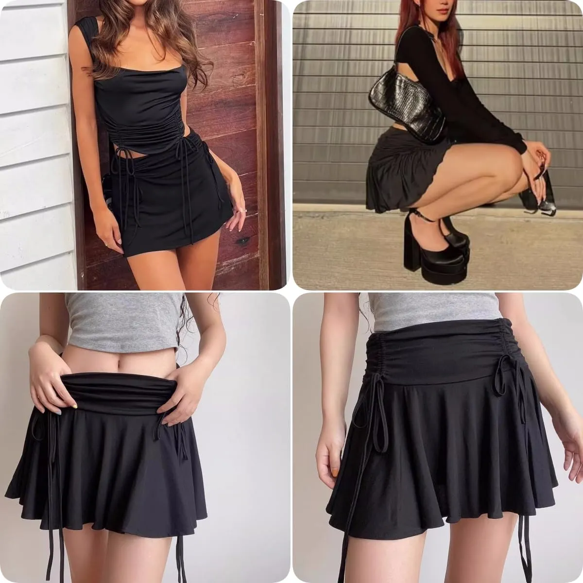 Cresay Women's Drawstring Pleated Skater Skirt Skort Ruffles Flared Mini Lingerie Skirts