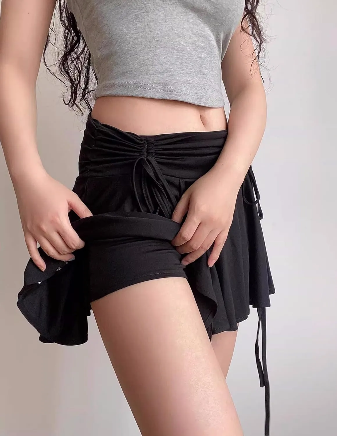 Cresay Women's Drawstring Pleated Skater Skirt Skort Ruffles Flared Mini Lingerie Skirts