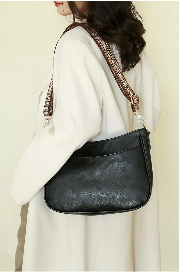 Crossbody Shoulder Bag with Woven Strap, Vegan Leather, Available in Black, Gray, Pink
