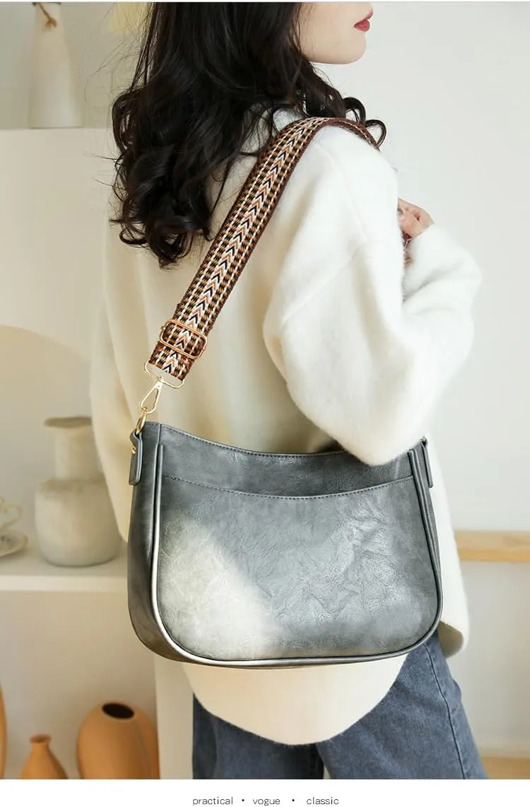 Crossbody Shoulder Bag with Woven Strap, Vegan Leather, Available in Black, Gray, Pink