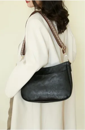 Crossbody Shoulder Bag with Woven Strap, Vegan Leather, Available in Black, Gray, Pink