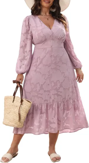 CUPSHE Women's Plus Size Dress V Neck Long Sleeve Lace Ruffled Casual Flowy A Line Maxi Formal Dress