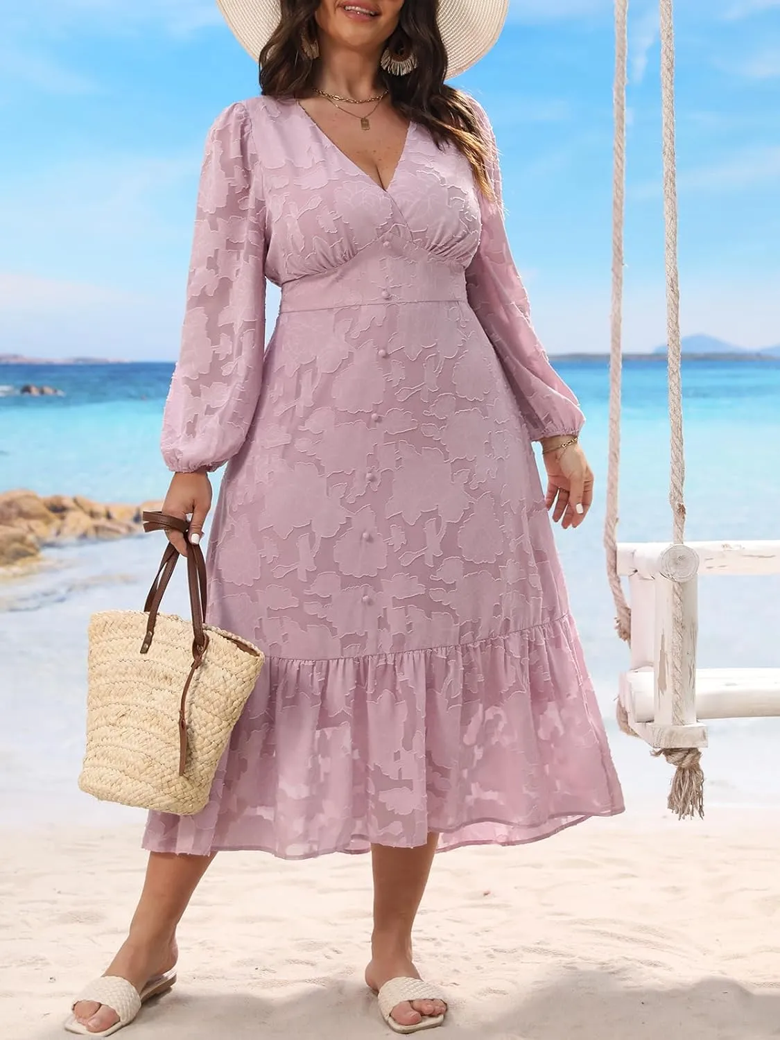 CUPSHE Women's Plus Size Dress V Neck Long Sleeve Lace Ruffled Casual Flowy A Line Maxi Formal Dress
