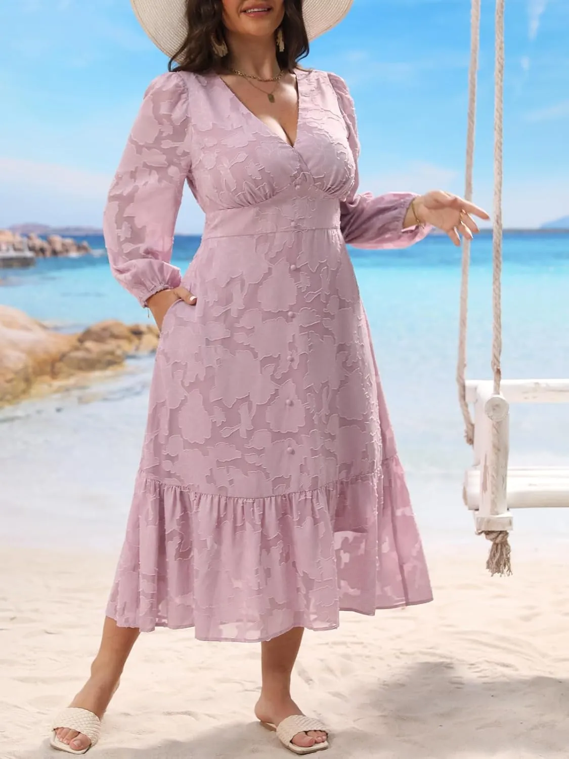 CUPSHE Women's Plus Size Dress V Neck Long Sleeve Lace Ruffled Casual Flowy A Line Maxi Formal Dress