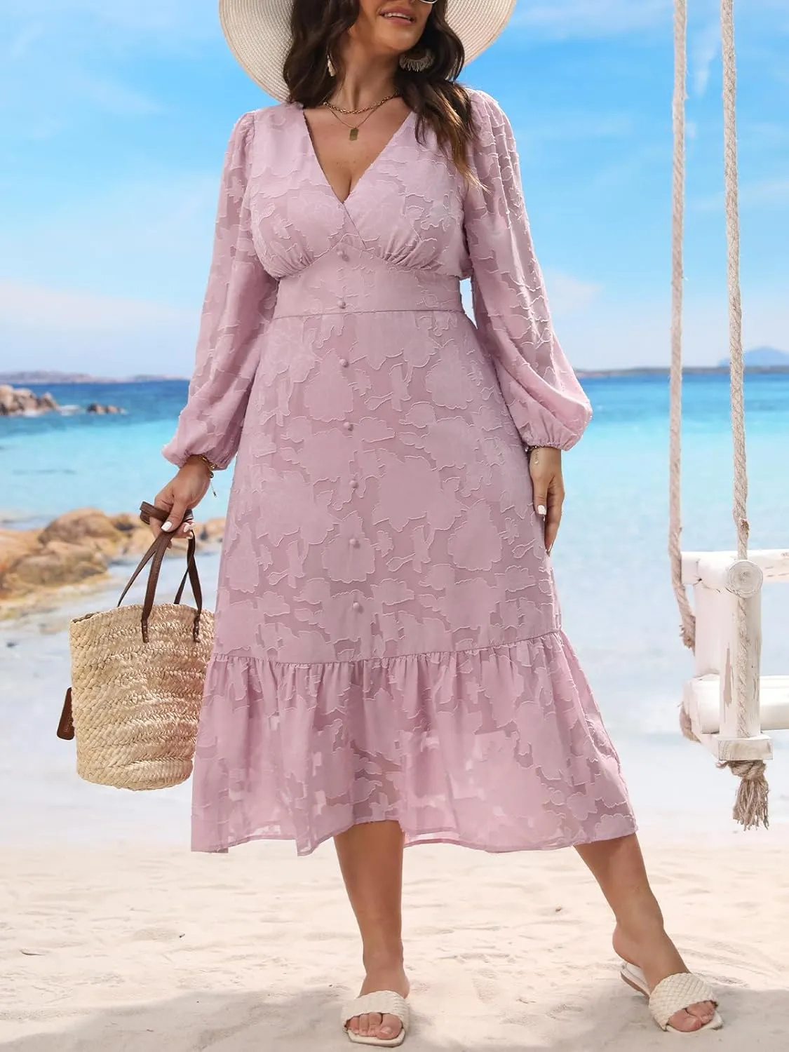 CUPSHE Women's Plus Size Dress V Neck Long Sleeve Lace Ruffled Casual Flowy A Line Maxi Formal Dress
