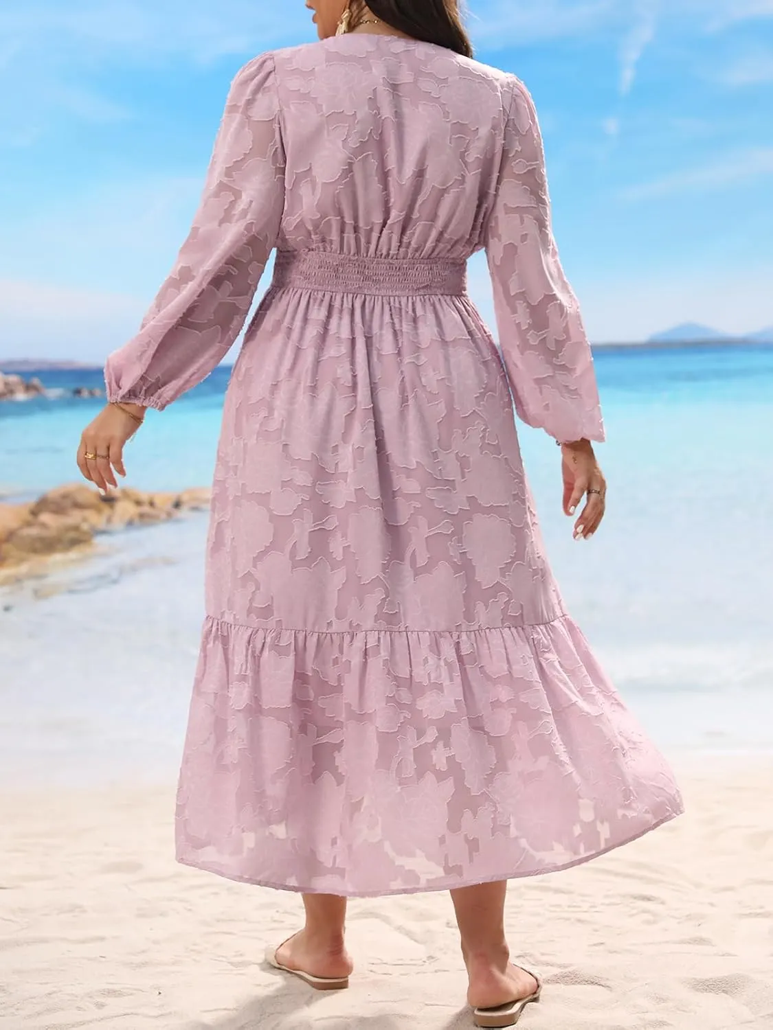 CUPSHE Women's Plus Size Dress V Neck Long Sleeve Lace Ruffled Casual Flowy A Line Maxi Formal Dress