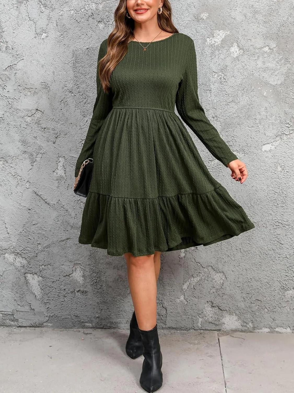 CUPSHE Women's Plus Size Fall Dress Round Neck Long Sleeve Flowy Knit Ruffled A Line Midi Sweater Dress