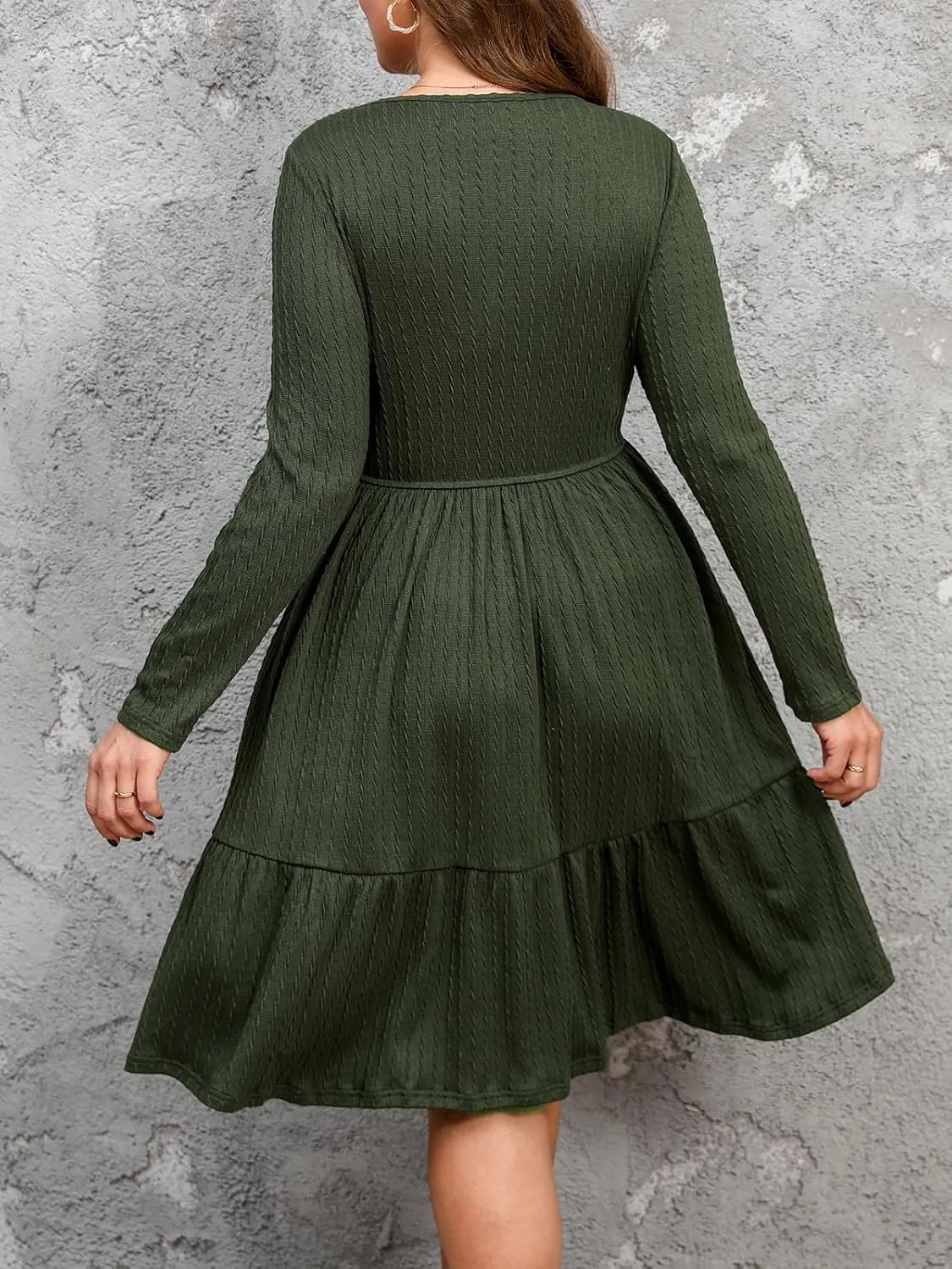 CUPSHE Women's Plus Size Fall Dress Round Neck Long Sleeve Flowy Knit Ruffled A Line Midi Sweater Dress