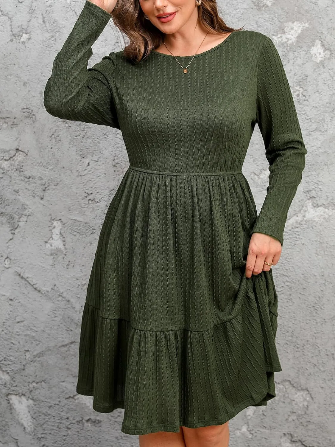 CUPSHE Women's Plus Size Fall Dress Round Neck Long Sleeve Flowy Knit Ruffled A Line Midi Sweater Dress