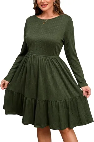 CUPSHE Women's Plus Size Fall Dress Round Neck Long Sleeve Flowy Knit Ruffled A Line Midi Sweater Dress